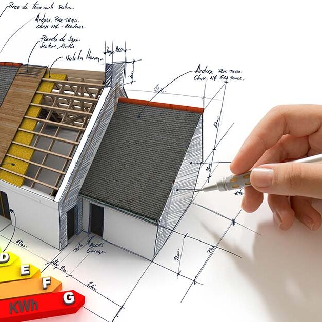 Eine Hand zeichnet auf weißem Untergrund ein Haus mit Effizienzklassen - Immobiliensanierung