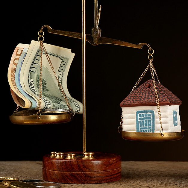 Scale with money and model of house on dark background; Wertermittlung