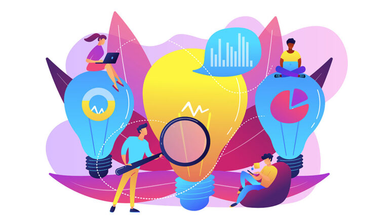 Immobilienbewertung Illustration: Menschen an mobilen Endgeräten und mit Lupe prüfen, wie viel eine Immobilie wirklich wert ist, um eine passende Preisstrategie und den optimalen Angebotspreis festlegen zu können, Diagramme symbolisieren die professionelle Auswertung und Glühbirnen symbolisieren die richtige Erkenntnis | Immobilienbewertung