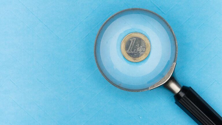 Immobilienfinanzierung Auf einer blauen Unterlage, unter einer Lupe liegt eine 1-Euro-Münze, was symbolisiert, dass man bei der Immobilienfinanzierung ganz genau aufs Geld schauen muss | Immobilienfinanzierung