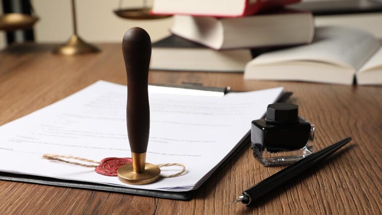 Notartermin Notarielle Urkunde mit Siegelstempel, Tintenfass und Feder auf einem Holztisch – Symbolbild für Testament, Erbschaft oder rechtliche Beglaubigung | Notartermin