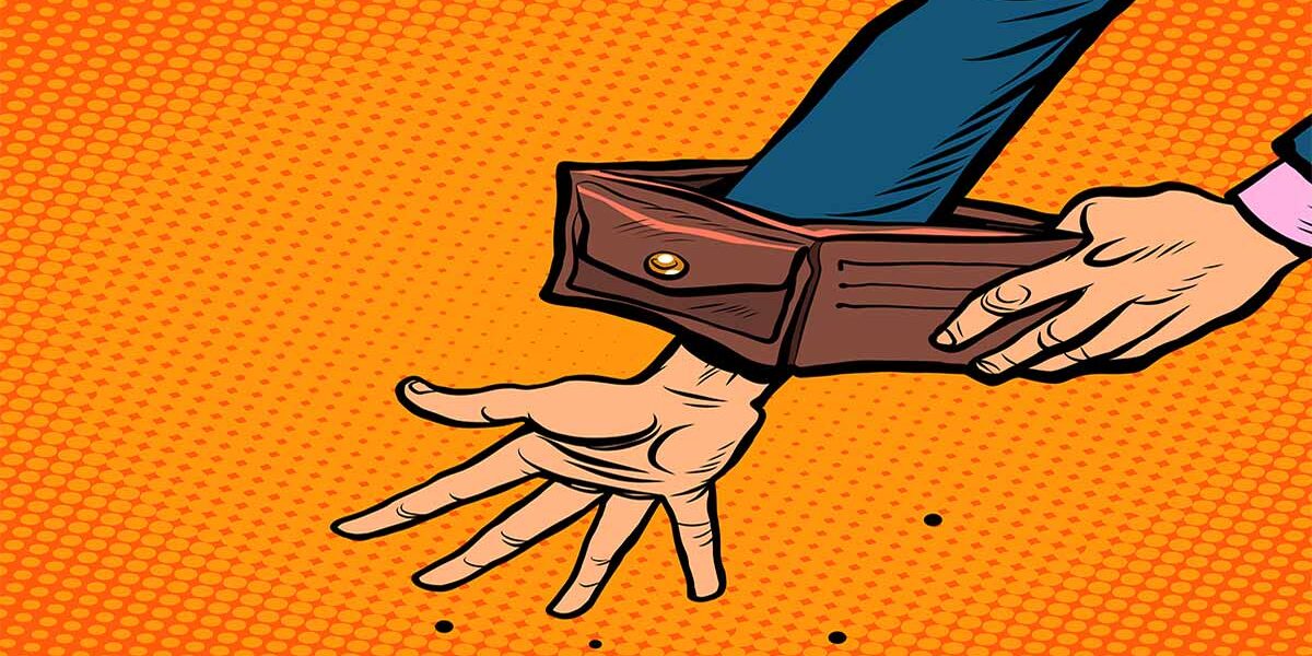 Notverkauf Illustration im Pop-Art-Stil: Eine leere Hand ragt aus einem umgestülpten Geldbeutel – sinnbildlich für finanzielle Notlagen, die einen schnellen Immobilienverkauf notwendig machen | Notverkauf