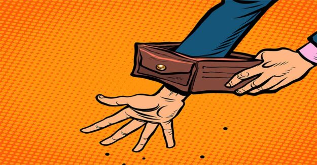 Illustration im Pop-Art-Stil: Eine leere Hand ragt aus einem umgestülpten Geldbeutel – sinnbildlich für finanzielle Notlagen, die einen schnellen Immobilienverkauf notwendig machen | Notverkauf