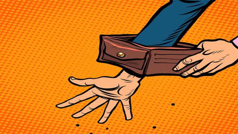 Notverkauf Illustration im Pop-Art-Stil: Eine leere Hand ragt aus einem umgestülpten Geldbeutel – sinnbildlich für finanzielle Notlagen, die einen schnellen Immobilienverkauf notwendig machen | Notverkauf