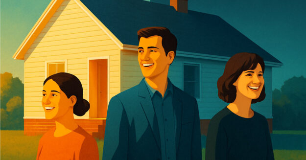 ein Bild mit drei glücklichen Personen, welche als Erben stehen in einer art COmicstil,