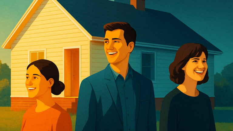 Erbengemeinschaft ein Bild mit drei glücklichen Personen, welche als Erben stehen in einer art COmicstil,