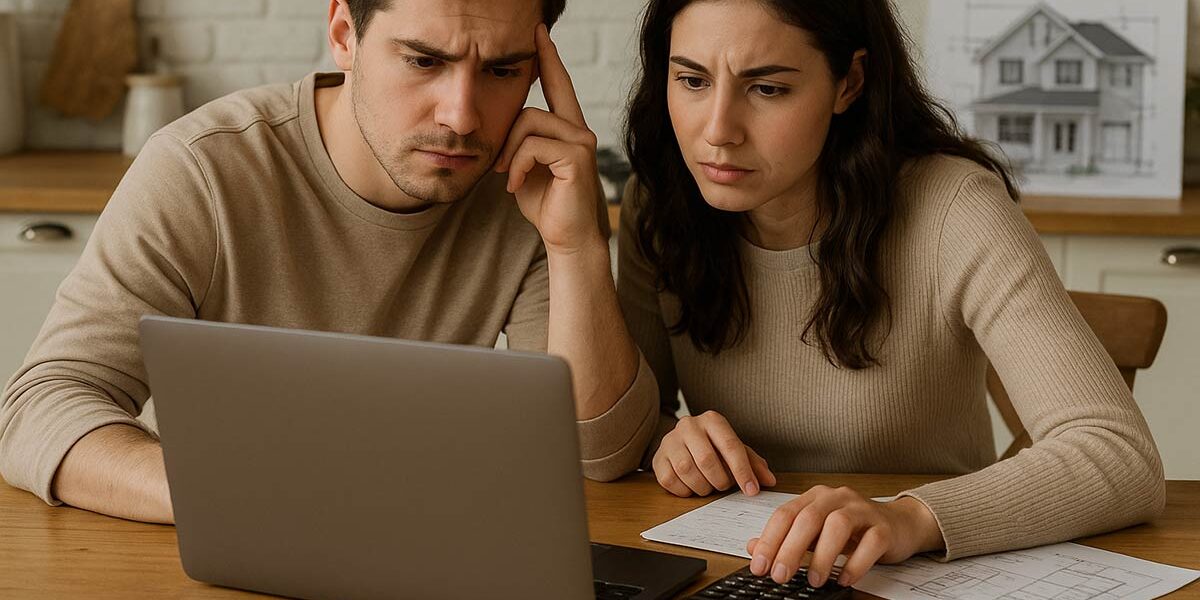 Immobilienfinanzierung_klein_Copyright_Wordliner Ein Paar vor einem Laptop mit Taschenrechner überlegt zum Thema Immobilienfinanzierung
