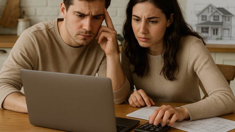 Immobilienfinanzierung_klein_Copyright_Wordliner Ein Paar vor einem Laptop mit Taschenrechner überlegt zum Thema Immobilienfinanzierung