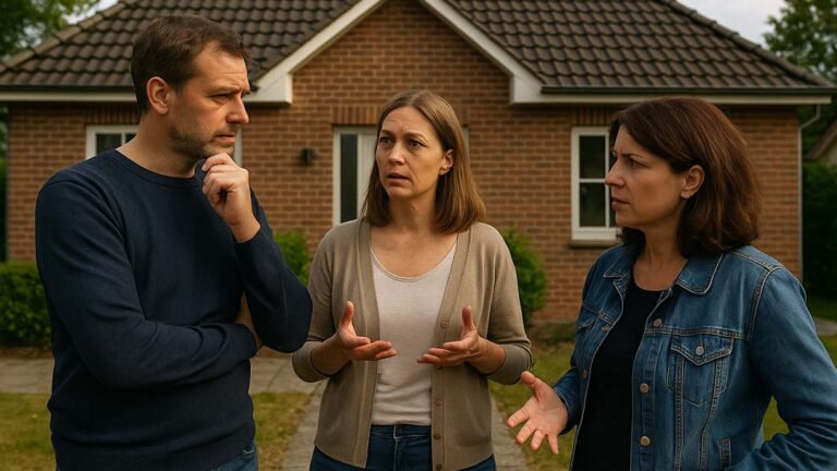Immobilie Erbe Eine Erbengemeinschaft von drei Geschwistern beratschlagt vor der Erbimmobilie, wie sie damit umgehen wollen - verkaufen, behalten, vermieten | Immobilie Erbe