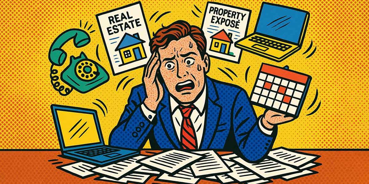 Immobilienverkauf Ein vom Immobilienverkauf überforderter Eigentümer, um den Unterlagen, Laptop, Kalender, Telefon, Exposés fliegen als Zeichen der Überforderung | Immobilienverkauf