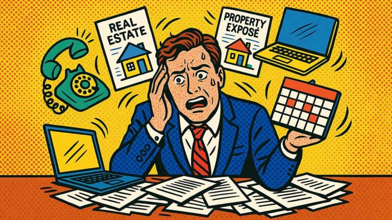 Immobilienverkauf Ein vom Immobilienverkauf überforderter Eigentümer, um den Unterlagen, Laptop, Kalender, Telefon, Exposés fliegen als Zeichen der Überforderung | Immobilienverkauf