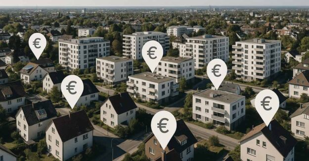 eine Stadt mit Pins an den Häusern und Eurozeichen darin