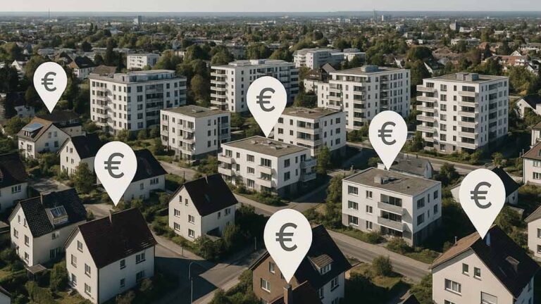 Immobilienbewertung eine Stadt mit Pins an den Häusern und Eurozeichen darin