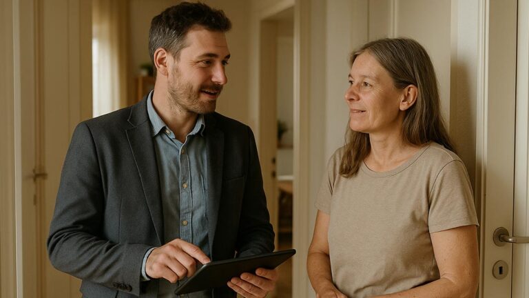 Online Bewertung vs. Makler Ein Makler in einem Beratungsgespräch mit einer Interessenten oder potenziellen Verkäuferin oder Eigentümerin