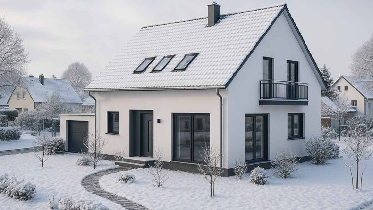 Immobilienverkauf Modernes Einfamilienhaus in verschneiter Winterlandschaft; symbolisiert den Immobilienverkauf in der kalten Jahreszeit und die Chancen einer gelungenen Präsentation im Winter. | Immobilienverkauf
