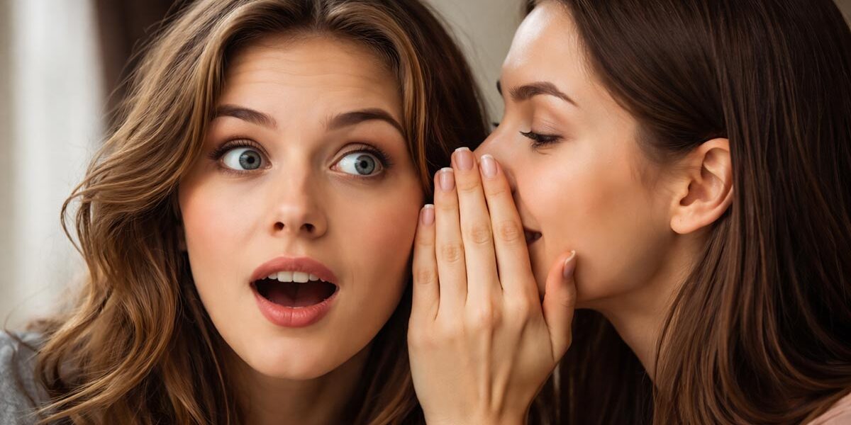 Immobilienverkauf Eine Frau flüstert einer anderen Frau etwas ins Ohr als Symbolbild für diskreten Immobilienverkauf | Immobilienverkauf