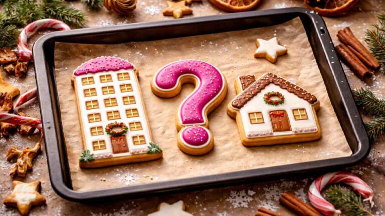 Immobilienkauf Weihnachtliche Plätzchen in Form eines Mehrfamilienhauses, eines Einfamilienhauses und eines Fragezeichens auf einem Backblech – Symbolbild für die Entscheidung „Miete oder Kauf“ und Wohnfragen 2026. | Immobilienkauf