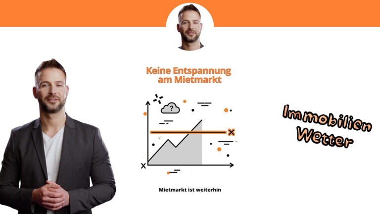 Immobilienmarkt Standbild aus dem Video: Grafische Darstellung mit stilisierter Stadtsilhouette und Wohnhäusern unter einem wechselhaften Himmel, darüber eingeblendeter Titel „Immobilien-Wetter“. Immobilienmarkt