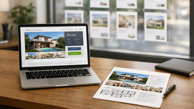 Immobilienverkauf Laptop mit geöffnetem Immobilienexposé auf einem Schreibtisch, daneben ein ausgedrucktes Exposé mit Grundriss; im Hintergrund sind im Schaufenster eines Maklerbüros weitere Immobilienangebote zu sehen – Symbol für die Kombination aus Online- und Offline-Vermarktung. | Immobilienverkauf