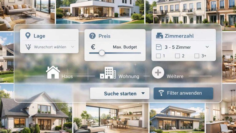 Immobilienkauf Visuelle Collage aus hochwertigen Fotografien verschiedener Immobilien, darunter moderne Wohnungen, Einfamilienhäuser und Stadthäuser in heller, freundlicher Atmosphäre. Über der Collage liegt eine halbtransparente digitale Suchoberfläche mit stilisierten Filterfeldern und Icons. In der Suchmaske sind Begriffe wie ‚Lage‘, ‚Preis‘ und ‚Zimmerzahl‘ hervorgehoben, ergänzt durch grafische Elemente wie Schieberegler, Kartenmarkierungen und Auswahlkästchen. Die Gesamtwirkung ist modern, professionell und technisch-digital, mit klarer, aufgeräumter Ästhetik und harmonischer Farbgebung. - Als Symbolbild für Suchauftrag beim Immobilienmakler.| Immobilienkauf