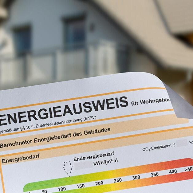 Ansicht eines Energieausweises, im Hintergrund ein Einfamilienhaus | Energieausweis