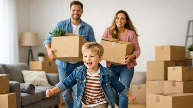 Eine glückliche junge Familie trägt volle Umzugskartons in die neue Wohnung, die sie sich gekauft haben. Das Kind rennt spielerisch vor den Eltern im Wohnzimmer. | Immobilienkauf