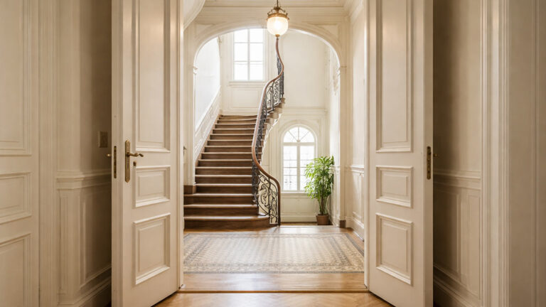 Helle, Altbau-Eigentumswohnung in einem gepflegten Mehrfamilienhaus, Blick vom Flur der Wohnung durch eine offene Altbau-Wohnungstür in ein sauberes, Altbau-Treppenhaus, viel natürliches Tageslicht, aufgeräumt und hochwertig, professionelle Immobilienfotografie, realistisch, hohe Auflösung, weiche Lichtstimmung | Immobilienverkauf