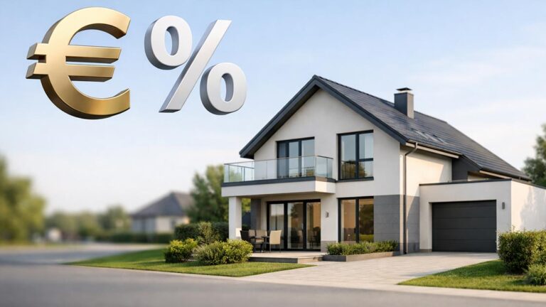 Modernes Einfamilienhaus mit Euro-Symbol und Prozentzeichen als schwebende grafische Elemente über dem Haus - Symbolbild für den Immobilienverkauf mit laufendem Kredit | Immobilieverkauf mit bestehendem Darlehen - Vorfälligkeitsentschädigung