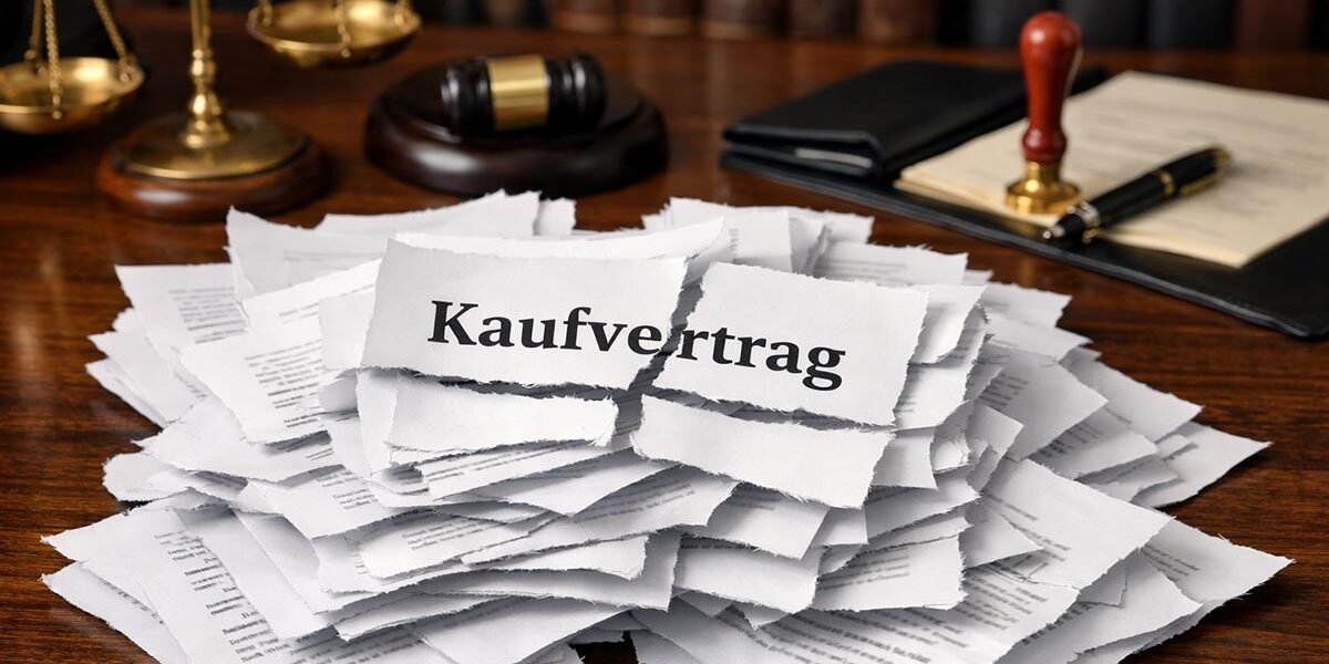 Verkauf gescheitert Auf dem Schreibtisch in einem Büro eines Notars liegt ein kleiner zerrissener Stapel eines Kaufvertrags, etwa 20 A4-Seiten. Auf dem Vertrag ist "Kaufvertrag zu lesen - also entsprechend dem Riss. Verkauf gescheitert