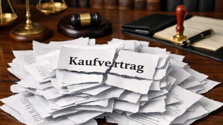 Auf dem Schreibtisch in einem Büro eines Notars liegt ein kleiner zerrissener Stapel eines Kaufvertrags, etwa 20 A4-Seiten. Auf dem Vertrag ist "Kaufvertrag zu lesen - also entsprechend dem Riss. Verkauf gescheitert