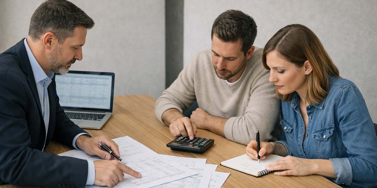 Immobilienkauf Ein Immobilienmakler sitzt mit einem Paar (ca. 30–45 Jahre) an einem Tisch. Auf dem Tisch liegen sichtbar strukturierte Unterlagen mit Kostenaufstellungen, Taschenrechner, Notizblock mit Zahlen, Laptop mit Tabellenansicht. Der Makler zeigt mit einem Stift auf eine Kostenposition, während das Paar konzentriert mitrechnet. Immobilienkauf