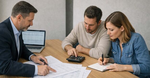 Ein Immobilienmakler sitzt mit einem Paar (ca. 30–45 Jahre) an einem Tisch. Auf dem Tisch liegen sichtbar strukturierte Unterlagen mit Kostenaufstellungen, Taschenrechner, Notizblock mit Zahlen, Laptop mit Tabellenansicht. Der Makler zeigt mit einem Stift auf eine Kostenposition, während das Paar konzentriert mitrechnet. Immobilienkauf