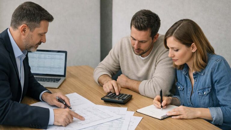 Ein Immobilienmakler sitzt mit einem Paar (ca. 30–45 Jahre) an einem Tisch. Auf dem Tisch liegen sichtbar strukturierte Unterlagen mit Kostenaufstellungen, Taschenrechner, Notizblock mit Zahlen, Laptop mit Tabellenansicht. Der Makler zeigt mit einem Stift auf eine Kostenposition, während das Paar konzentriert mitrechnet. Immobilienkauf